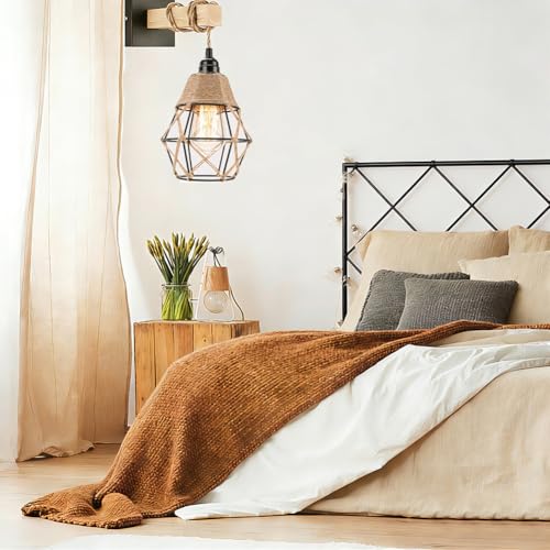 Image of 3 Pack Industrial Hemp Rope Pendant Lamp Shade, Small Vintage Boho Hanging Light Shades, Mini Rustic Metal Cage Lampshade for E27 Chandelier Wall Sconces Ceiling Hanging Pendant Light Fixture