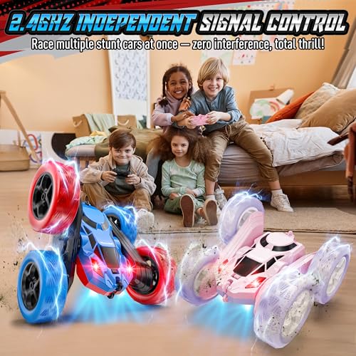 Image of Hamdol STEM Remote Control Car for Kids, 360 Spinning Double-Sided Coloured Design RC Stunt Car with LED Lights, USB-C Rechargeable Educational Toy for Boys Ages 6-12, Ideal Birthday