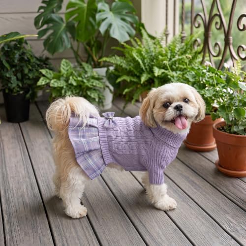 Image of YUDODO Small Dog Sweater Dress with Bowtie Turtleneck Knitted Pet Clothes