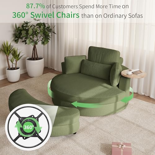 Oversized 360° Swivel Barrel Chair with Storage Ottoman & Rotatable Tray Table, Modern Elegant 51’’ Corduroy Accent Chair with Cresent-Shaped Ottoman, Extra Wide & Deep Seat, Sage Green - Image 4