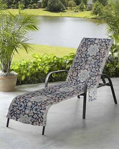 Vintage Flower Beach Chair Towel Covers for Chaise Lounge with Side Pocket, Soft Plush Pool Towels Cover for Patio Sunbathing Outdoor 29''x85'' Modern Oriental Boho Tribal Blue