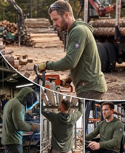 Image of BOCOMAL FR Hooded T Shirts Utility Pocket Fire Resistant Summer Hoodie CAT2 | 6oz Midweight Flame Retardant Cotton Hoodies,Kangaroo /Button Pocket,NFPA2112,Rib-Knit Cuffs,FRC Welding Arc Rated Work Shirt