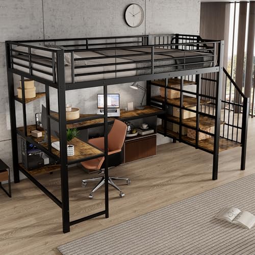 Arhatreya Hochbett 120x200 cm, Kinderbett mit Ladeanschluss, Eisenbett mit Ecktreppe, Metallbett mit Schreibtischbereich, Bett für Kinder Jugendliche (Ohne Matratze) Schwarz+Dunkle