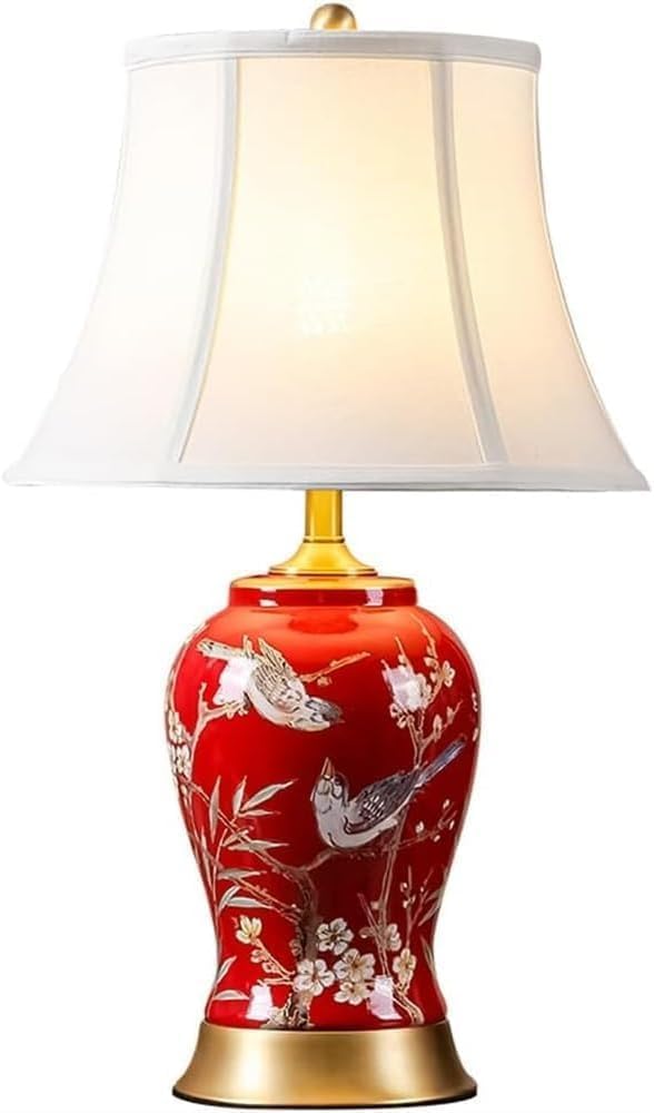 SANBDDLYY Chinese Handmade Red Bird Ceramic Table Lamp - Elegant Bedside for Bedroom, Office & Den