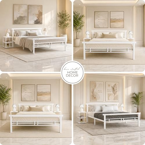 Image of Queen Size Metal Bed Frame with Headboard & Footboard | Queen Metal Bed | QueenSize Iron Bed | Queen Steel Bed | Heavy Duty Platform Bed | Double Bed Cot | Steel Slats | No Box Spring Needed | White