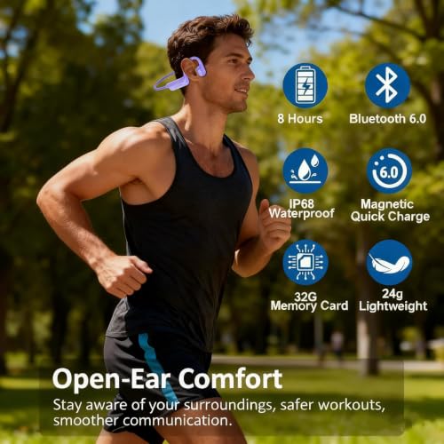 Image of Swimming Headphones Underwater, IP68 Waterproof Bone Conduction Headphones, Bluetooth 6.0 Open Ear Swim Earbuds with 32GB Built-in MP3,Adjustable Headband for Swim Cap /Hat,Dual Device Pairing (Purple