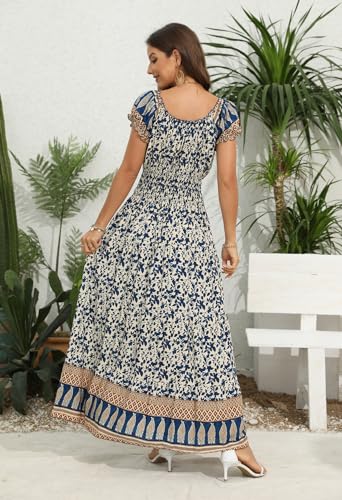 Image of OSTOO Women's Floral Maxi Dress Boho Summer Short Sleeve Smocked Waist Tiered Long Dress