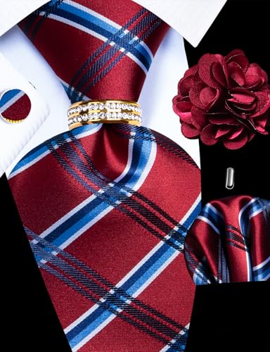 Image of 5PCS Mens Silk Designer Tie, Pocket Square, Cufflinks, Drilled Tie Ring and Lapel Pin Set for Wedding Groom Party