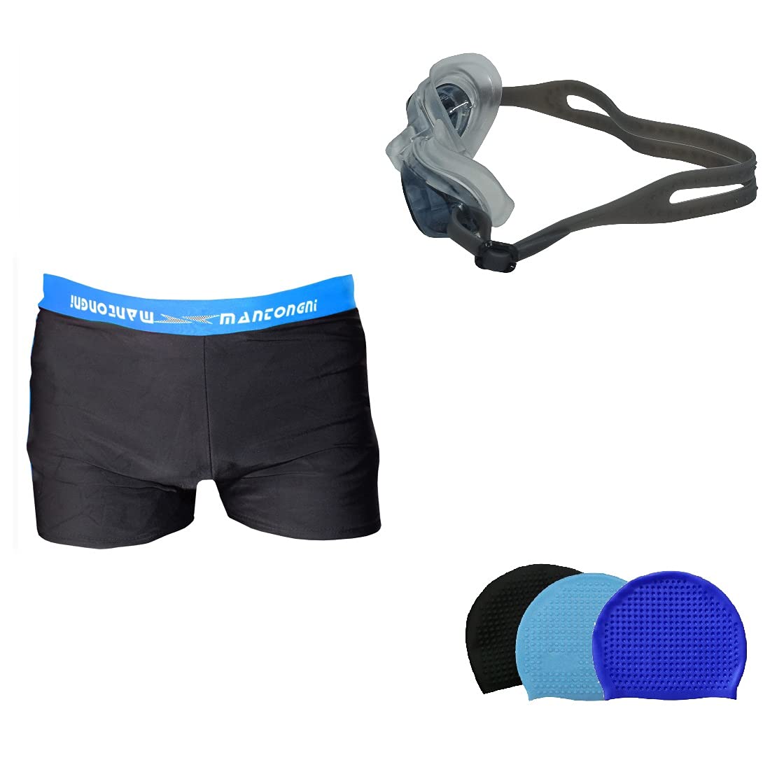 MENS COSTUME IS-5508 BLACK ROYAL MANTONGNI WITH POCKET SIZE FREE SIZE WITH GOGGLES SILICONE IS-1600 WITH POUCH BLUE AND 100% SILICONE SWIMMING CAP BIG DIMPLE BLUE-image-5