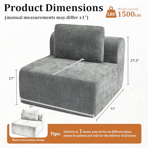 Image of 37 inch Oversized Boneless Couch, Comfort Cloud Sectional Couches for Living Room, Modular Sofa High Back & Extra Deep Seat, No Assembly, Soft Chenille Fabric (Dark Grey, 37 inch-Single Seat)