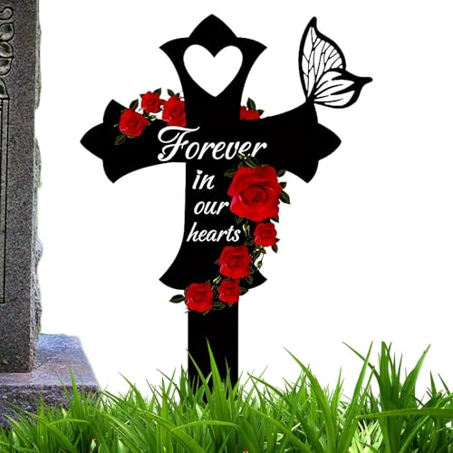 Marqueurs funéraires en acrylique, piquet de condoléances en acrylique, décoration de cimetière en plein air, motif cœur et croix, construction en acrylique 2D, pour honorer votre bien-aimé dans le