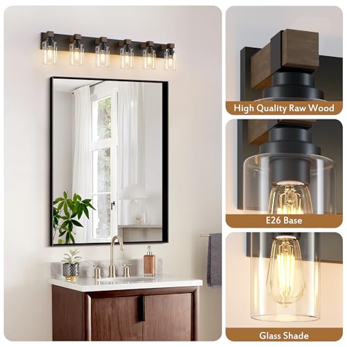 Image of Farmhouse Bathroom Vanity Light Fixtures, Rustic 6-Light Wood Vanity Lights for Bathroom, Vintage Black Wall Sconces Lighting, Light fixtures Over Mirror, with Glass Shade