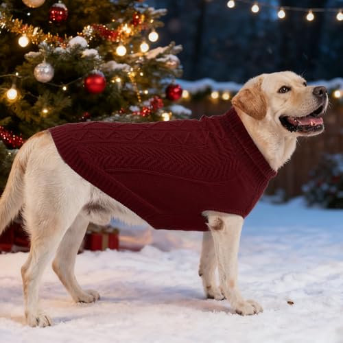 Image of PUPTECK Dog Sweater, Turtleneck Warm Knitted Pullover Coat, Thick Cable Knitwear Clothes in Winter, Pet Apparel Outfits for Small Medium Dogs, for Cold Weather Indoor & Outdoor, Deep Red M