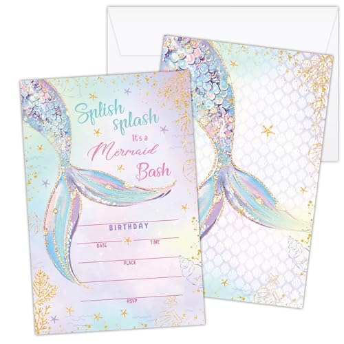 Zgogy Blue Mermaid Birthday Party Invitations Splish-Splash Birthday Invitations Cards with Envelopes Celebration Invites Cards (20 Pack) Party Favors Decorations and Supplies -21
