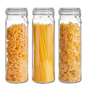 ComSaf 60oz Airtight Glass Jars Set of 3 with Lids Food Storage Jar Round – Tall Spaghetti Container with Clear Preserving Seal Wire Clip Fastening, Pasta jar for Kitchen Canning, Nut,Oat, Dry Goods