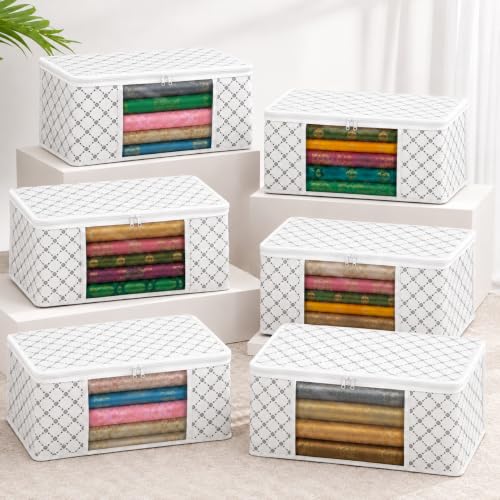 Image of VERVENIX Saree Cover Pack of 6, Large Size White Triangle Pattern Clothes Storage Bags with Zipper & Clear Window, Dustproof Wardrobe Organizer for Sarees, Suits, Dresses & Shirts,46.3 x 36 x 22.5 CM