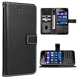 FDCWTSH Compatible with BlackBerry Classic Q20 Wallet Case Wrist Strap Lanyard and Leather Flip Card Holder Stand Cell Accessories Mobile Folio Purse Credit Phone Cover for SQC100 Women Men Black