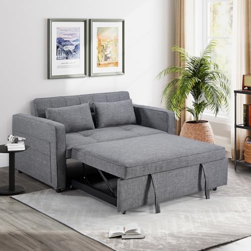 Image of HAOMARKETS 3 in 1 Convertible Sleeper Sofa Bed, Loveseat Chaise Lounge with Pullout Bed, 2-Seater Futon Couches with Storage Pockets, 3-Level Adjustable Backrest and Pillows for Living Room, Dark Grey