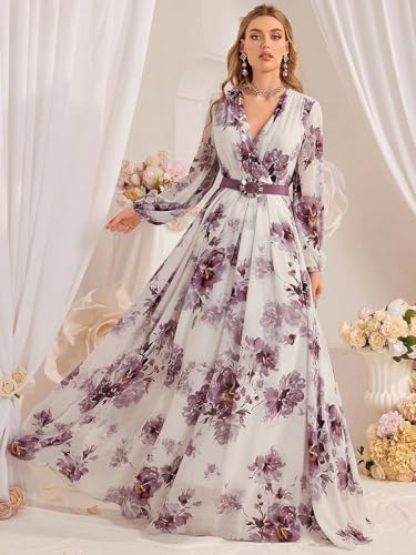 Image of TOLEEN Summer Casual Dresses for Women 2024 Spring Fashion Boho V Neck Long Sleeve Ruffle Floral Print Elegant Maxi Dress