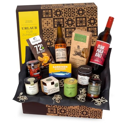 Präsentbox Urlaub für Zuhause - Gefüllter Geschenkkorb mit Sangría, & mediterranen Leckereien von jamon.de - Gourmet-Geschenk für jeden Anlass