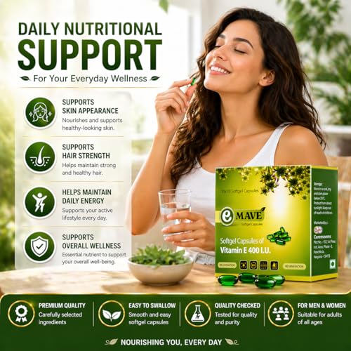 Image of Vitamin E 400 IU Softgel Capsules for Face & Hair, 100 Capsules | Vitamin E 400 IU Softgel Capsules, Natural Vitamin E Capsules, Vitamin E Capsule for Face, Suitable for Men & Women