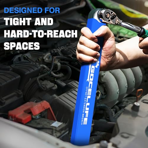 Image of Offset Extension Wrench Impact - Tight Reach Wrench Set with Universal Square Drive Adapters (1 /4 inch, 3 /8 inch, 1 /2 inch) - Ideal for Tight Spaces - Unique Tool gifts for Mechanic Men Dad (Blue)