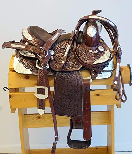 BNB International Silver Genuine Cowhide Leather Western Pleasure Show Horse Saddle Handmade with Silver Fitting Leather Equestrian Trail Horse Saddles Size: 10