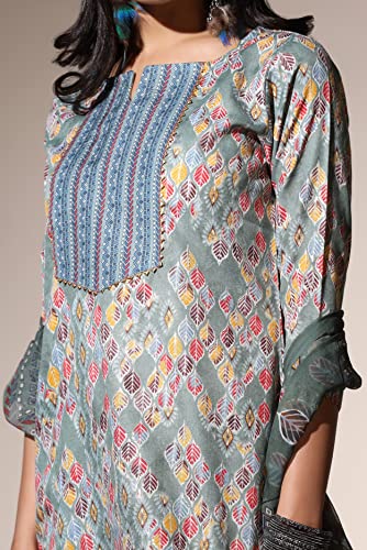 Image of Leriya Fashion Women's Kurta Pant Dupatta Set || Cotton Blend Abstract Leaf Printed Kurti Pant Dupatta Pair || Flattering Front Placket Neck Design || for Outing || Regular Wear