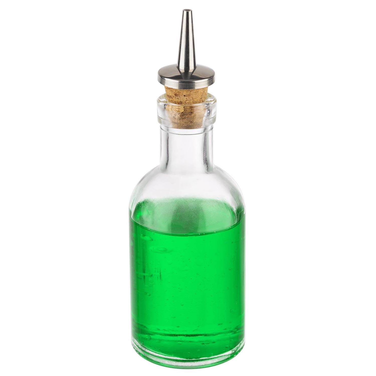 APS 40512 Botella de vinagre y aceite de 5 cm de diámetro, altura de 15,5 cm, 100 ml, recipiente de cristal, boquilla de corcho/acero inoxidable