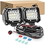 Nilight LED Light Bar 2PCS 60W 4 Inch Flood Spot Combo LED Work Light Pods Triple Row Work Driving Lamp with 12 ft Wiring Harness kit - 2 Leads,2 Year Warranty