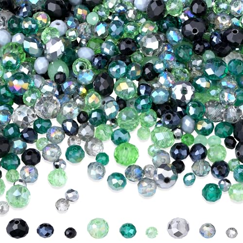 GUJOXILA Set di 1100 perline di vetro con cristalli sfaccettati, perle di vetro verde con foro, perline glitterate per braccialetti fai da te, collane e orecchini da 4/6/8 mm