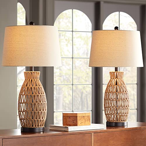 360 Lighting San Carlos Coastal Cottage Nautical Modern Table Lamps 29" Tall Set of 2 Natural Rattan Wicker Oatmeal Fabric Drum Shade for Living Room Bedroom House Bedside Nightstand Home Office