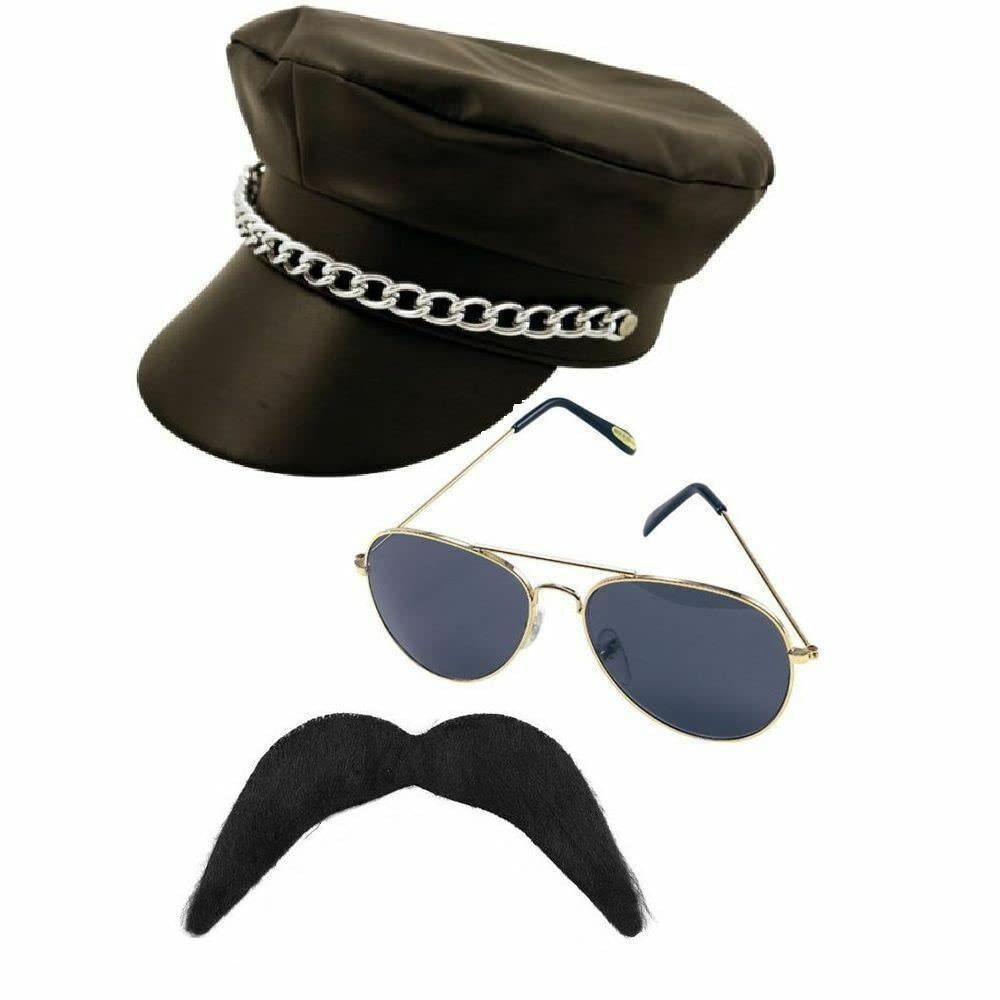 jokeshop Biker 3pc Set (Hat with Chain, Moustache & Glasses) YMCA Village People Gay Fancy Dress Party