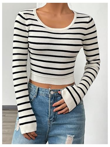 Image of SOLY HUX Women's Fall Striped Crop Sweater Scoop Neck Long Sleeve Ribbed Pullover Jumper Tops White and Black Small