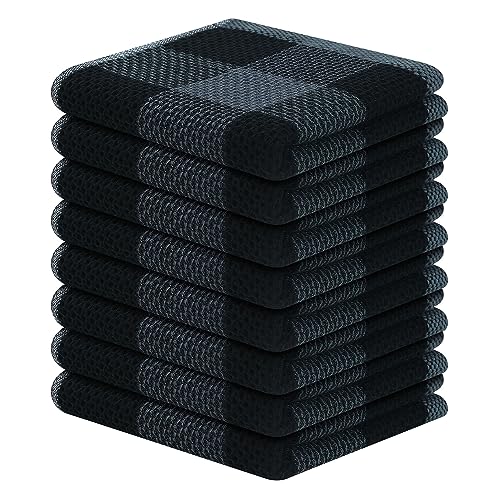 Mordimy 100% Cotton Waffle Weave Plaid Dish Cloths, 12 x 12 Inches, Super Soft and Absorbent Quick Drying Buffalo Check Dish Rags for Kitchen, 8-Pack, Black & Grey