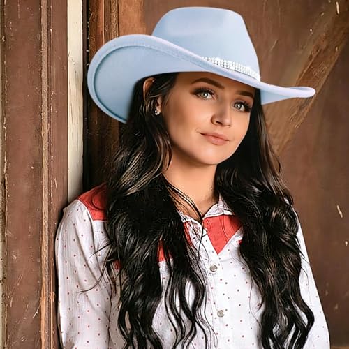 Image of DRESHOW Glitter Cowboy Hat Classic Western Rhinestone Cowgirl Hat Outdoor Wide Brim Retro Felt Fedora Hats Rolled up Caps