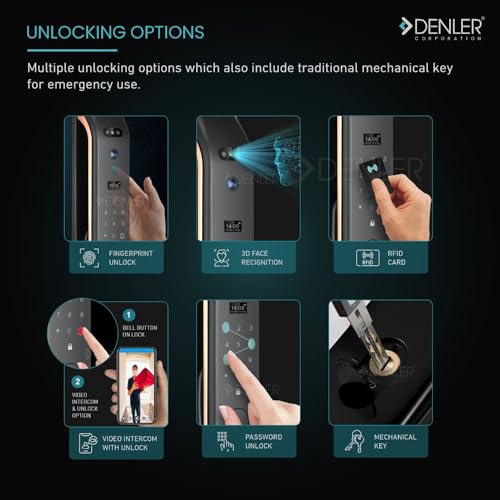 Image of Denler FL04v2 8-in-1 Smart Door Lock | 3D Face ID | Fingerprint | App Unlock | LCD Camera | Dual Battery | WiFi |RFID | PIN | Key | Android & iPhone App | 5 Years Warranty