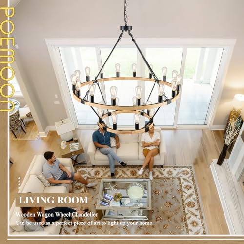 Image of Natural Wooden Wagon Wheel Chandelier 24-Light 43.3 inch Light Fixture