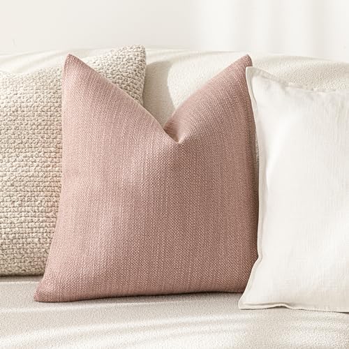 Image of Foindtower Set of 2 Decorative Textured Burlap Linen Throw Pillow Covers Farmhouse Boho Cushion Cover Solid Accent Pillowcase for Couch Sofa Bed Living Room Home Decor,20x20 Inch,Dusty Pink