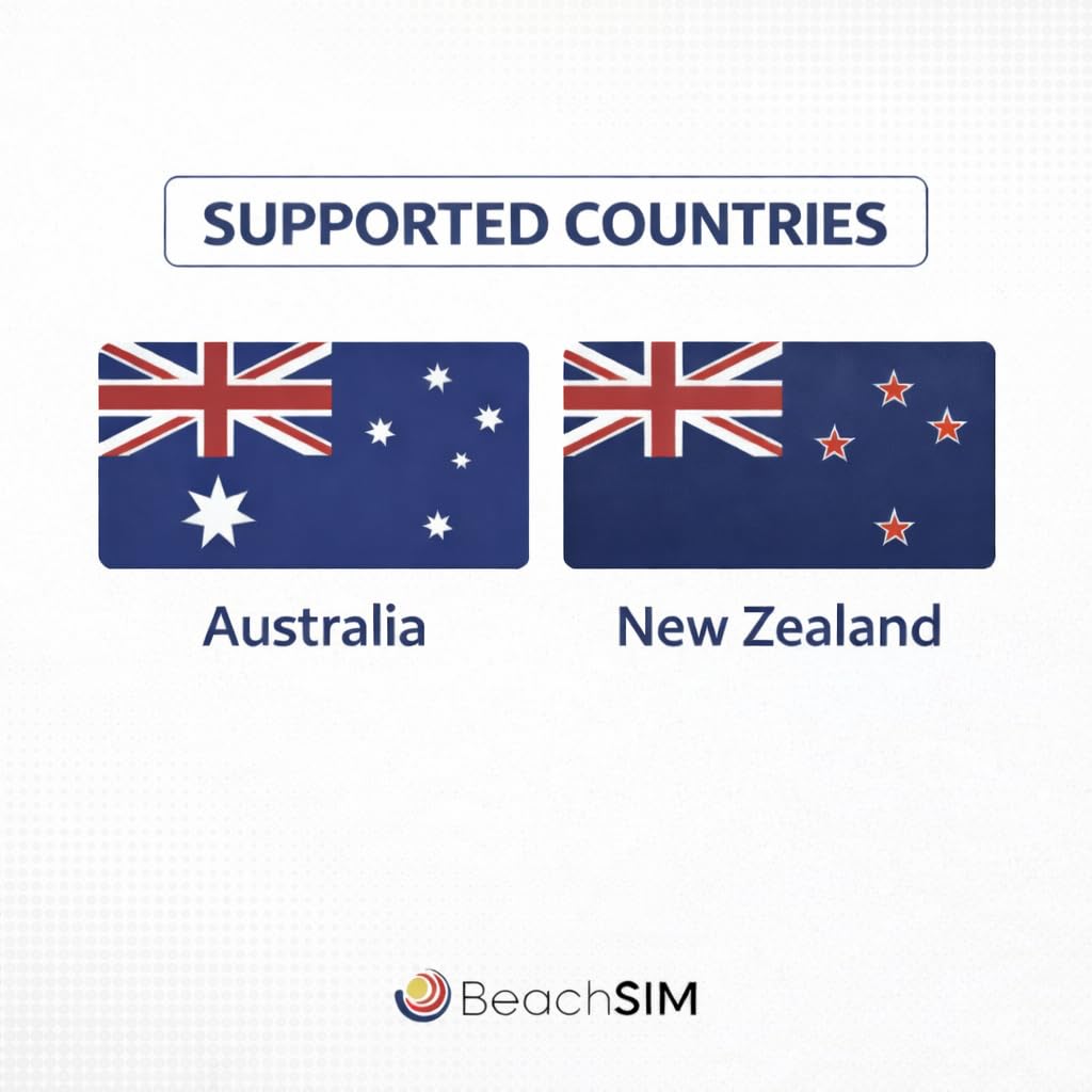 Australien SIM Karte 30 Tage. 12 GB Datenvolumen mit 4G/5G-Netz. Optus-Netz. Kostenloses Roaming in Neuseeland. Schnelle Aktivierung. Einfaches Aufladen.