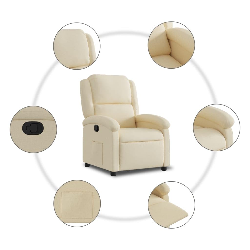 Fotel relaksacyjny w kolorze kremowym, z ręczną funkcją leżenia, ergonomiczny fotel tapicerowany z podłokietnikami i oparciem, stabilna rama drewniana, metalowa, do salonu, kącika do czytania