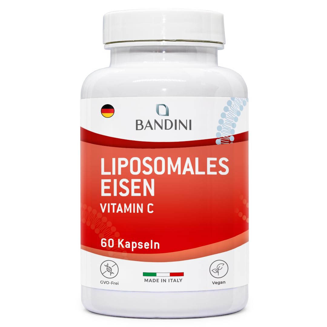 Bandini® Liposomales Eisen 30mg + Vitamin C, Folsäure, B12, B6 und A – Hohe Bioverfügbarkeit, gegen Müdigkeit und Erschöpfung – Eisenpräparat mit erhöhter Aufnahmefähigkeit - Liposomal Iron 60 Kapseln
