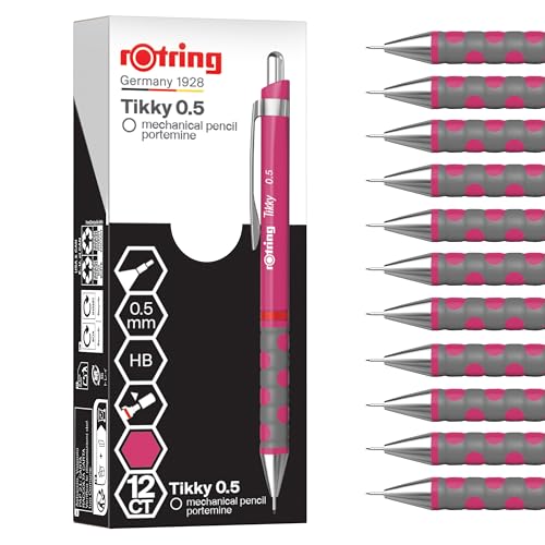 rOtring Tikky Matita meccanica | mina 0,5 mm HB | Fusto magenta (rosa) | Leggera con impugnatura in gomma | 12 pezzi