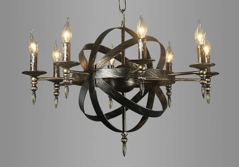 Lustre rétro industriel fer forgé 8 têtes finition cuivre de qualité supérieure