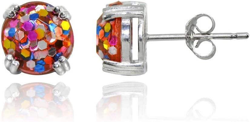 Sterling Silver White, Blue or Multi Color Glitter 8mm Round Small Stud Earrings