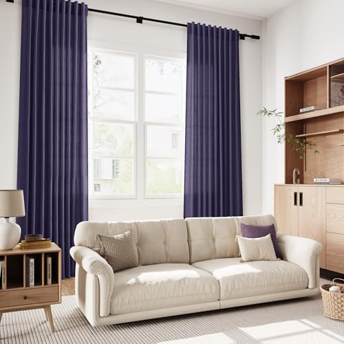 Image of Nanspring Purple Linen Blend Light Filtering Back Tab Curtains 96 Inches Long, Semi Sheer Privacy Drapes for Living Room & Bedroom, 52x96 inch, 2 Panels