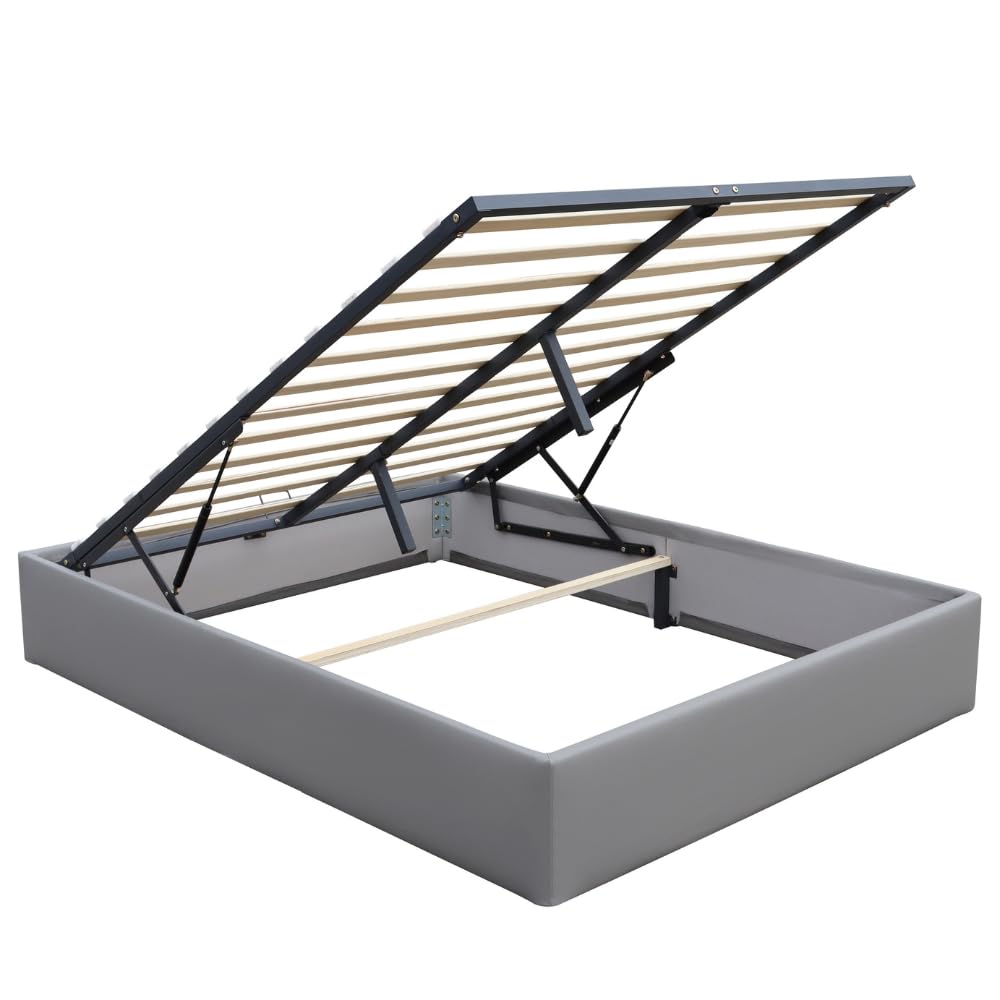 King of Dreams Ensemble Lit Coffre et Matelas 120x190 cm - Couleur : Gris - Sommier Relevable avec Vérins Hydrauliques - Matelas Latex Accueil Moelleux Soutien Ferme - Lit Coffre Déhoussable