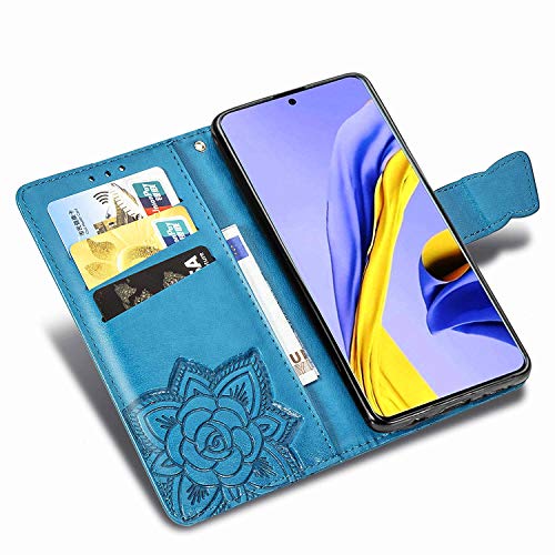 ZYZX Samsung Galaxy A71(5G) 3D Butterfly Flower Wallet Case, Leather Flip Phone Shell w/Credit Cards Slot Shockproof Magnetic Protective Cover for Samsung Galaxy A71 5G HZD(Rhinestone Blue)