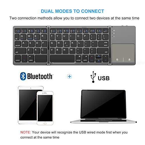 Vssoplor Foldable Bluetooth Keyboard With Touchpad, Dual Modes Bluetooth/Usb Wired Folding Wireless Keyboard, Portable Mini Pocket Size Travel Keyboard For Android Tablet Windows-Dark Gray #TOP5