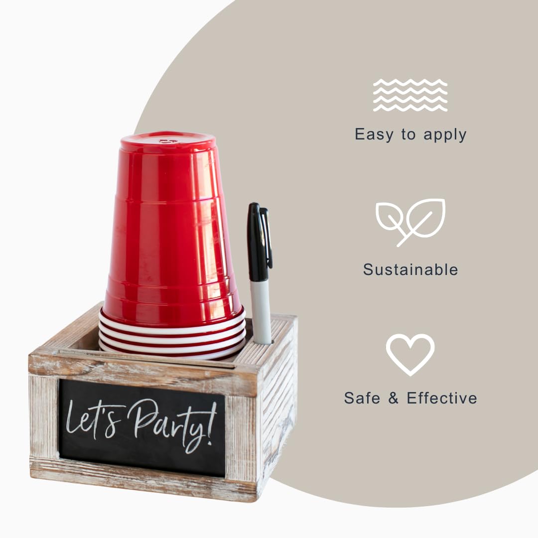 Rustic Party Cup Holder With Marker Slot- Drink Caddy With Interchangeable Signs- Mark Your Cup And Drink Up-Hosting Essentials Wood Cup Dispenser- Brunch Supplies- Disposable Cup Holder Hostess Gifts